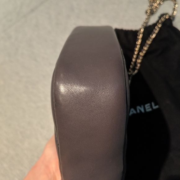 Auth CHANEL chevron lambskin grey camera case bag